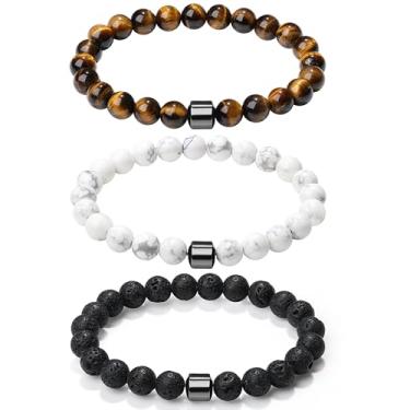Imagem de XIANNVXI Pulseira masculina de contas 3/4 peças 8 mm conjunto de pulseiras de contas de pedra para homens olho de tigre Lava Rock Obsidiana Pulseira de cristal preto com contas elásticas para homens