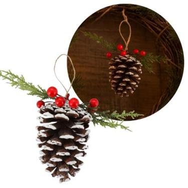 Imagem de Pinha Decorada Natalina Grande Nevado com Folhagens e Berries 14cm - Y