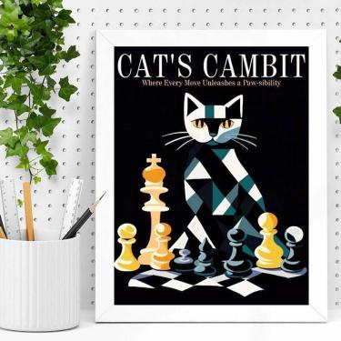 Imagem de Quadro Decorativo Gato - Jogo Xadrez 24X18Cm - Com Vidro