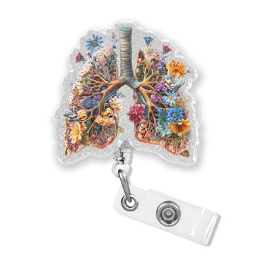 Imagem de Carretel retrátil para crachá de pulmões florais com clipe jacaré de 4 cm, enfermeira, médico, anatomia, pulmão, terapeuta, respiratório, acrílico, suporte de crachá, acessórios para enfermeiras