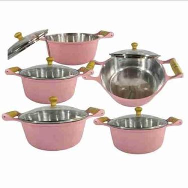 Imagem de Jogo De Panelas Alumínio Fundido Batido Grosso Rosa Bebê Com Tampa De Vidro Temperado E Cabos Antitérmicos – Luxo Premium