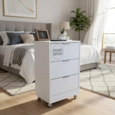 Imagem de Mesa De Cabeceira Branca 40cm com 3 Gavetas Para Quarto Lateral de Cama e Escritório Gaveteiro Organizador Já Montado (Com Rodinhas, Puxador Cinza)