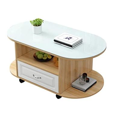 Imagem de Mesa de centro de design simples oval com rodas, mesa de centro de 3 camadas com prateleira de armazenamento e gaveta, mesa de centro moderna com rodas para sala de estar, design moderno, móveis