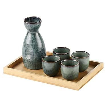 Imagem de TLTDSMY Conjunto de 6 peças de saquê, conjunto de copos de saquê de cerâmica japonesa retrô tradicional, com 4 copos de saquê, 1 pote de saquê e 1 bandeja. Design elegante, melhor presente para copos
