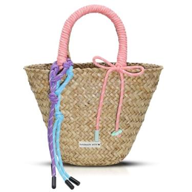 Imagem de QTKJ Bolsa de praia, bolsa de palha boêmia feita à mão com corda de nylon e decoração de laço, bolsa de mão para mulheres, férias, viagens diárias (estilo 1)