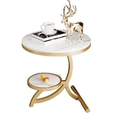 Imagem de URGDWEKJY Mesa central pequena mesa redonda, mesa lateral pequena de 2 camadas com prateleira de armazenamento, mesa lateral de sofá, sala de estar, entrada, mesa de decoração de quarto (A)