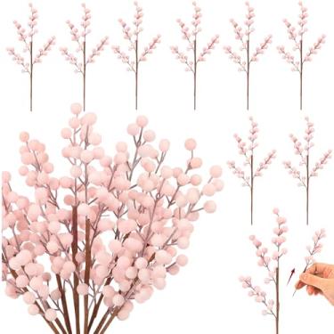 Imagem de Enfeites de caule de baga de Natal, ramos de baga de azevinho de veludo rosa, 8 hastes grandes/32 hastes pequenas, galhos artificiais removíveis para decoração de árvore de Natal, decoração de
