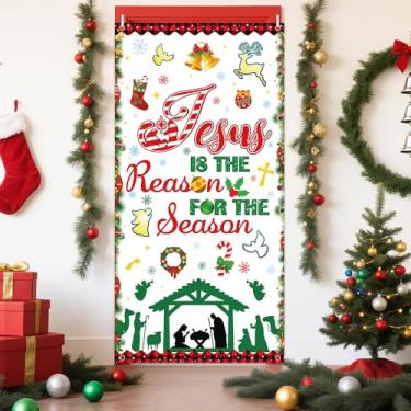 Imagem de AIBIIN Capa de porta de presépio de Natal Jesus is the reason for the season banner religioso fotografia de natal faixa de presépio para igreja de inverno