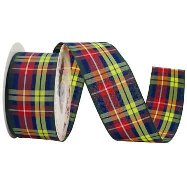 Imagem de MEEDEE Fita Buchanan Tartan de 6,5 cm de largura com 25 metros de fita de poliéster xadrez escocês vermelho, azul, branco e amarelo para árvore de Natal, grinaldas, laços, embrulho de presente