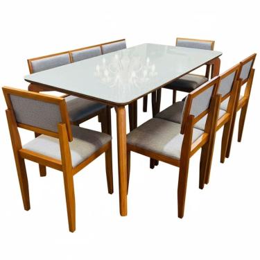 Imagem de Mesa de Jantar Veneza 180x90cm com 8 Cadeiras Santorini Estofadas Madeira Tecido Linho Minas Plac Cor Cinamomo Off White
