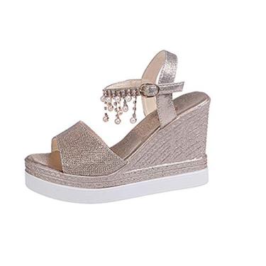 Imagem de Bigfanshu Sandálias femininas Crystal High Hell Wedge casuais com fundo grosso plataforma sexy gladiador sapatos anabela, Marfim, 36 BR