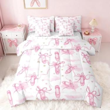 Imagem de Feelyou Conjunto de edredom de balé rosa, tamanho Queen, 7 peças, para crianças, bailarinas dançantes, conjunto de cama com gravata borboleta rosa, para meninos e meninas, inclui edredom, conjunto de