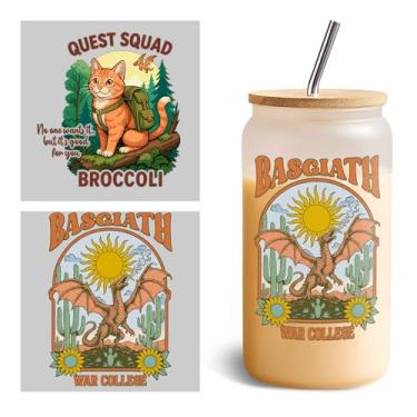 Imagem de Conjunto de 2 peças Basgiath War College UV DTF Cup Wraps para 473 ml Glass Quest Squad Brócolis, decalque de transferência a frio para copos de vidro Quarta asa Dragon Cat Fantasy, presente de vinil