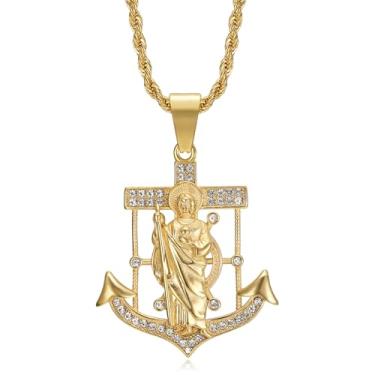 Imagem de Colar de aço inoxidável banhado a ouro 18 K com pingente de âncora náutica vintage, corrente de corda de 61 cm San Judas Tadeo Medalla Cadena Oro Laminado, joia de oração cristã, presente para homens