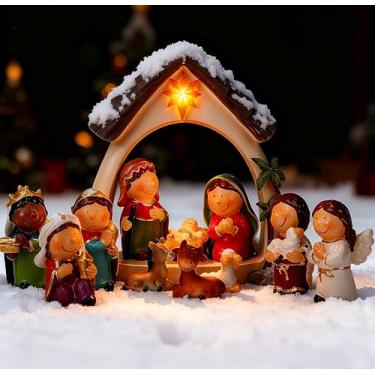 Imagem de Qulable Conjunto de presépio de 12 peças para crianças - Presépio e bonecos pequenos com LED - Presépio interno - Conjunto de brinquedo de mesa - Conjunto de presépio infantil para Natal em ambientes