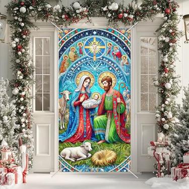Imagem de Linda capa de porta de Natal para presépio 89 x 188 cm, decoração de férias dupla face com bebê Jesus, Maria, José, animais e anjos para varanda de Natal interna e externa ou decoração de casa
