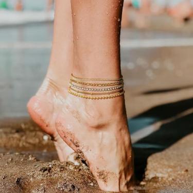 Imagem de Tornozeleiras femininas de ouro 14 quilates de corrente delicada de aço inoxidável em camadas, corrente fígaro com contas de tênis, tornozeleiras, ajustável, prata, boho, verão, conjunto de joias para