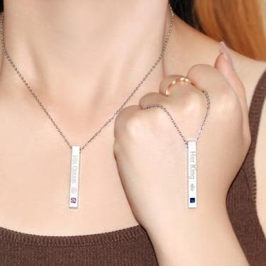 Imagem de Colares de casal His Queen Her King de aço inoxidável | Pingente retangular com coroa e incrustação de zircônia | Pedras de zircão rosa e azul | Conjunto de joias românticas para casais YA3870, Medium