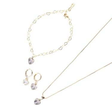 Imagem de Conjunto Dourado Pulseira Brinco Fecho Click Colar Pingente Coração Zircônia Cristal Semijoia Folheada Ouro 18k