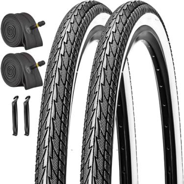 Imagem de SIMEIQI Pacote com 2 pneus de bicicleta e tubos internos 50,8 cm/61 cm/66 x 4,4 cm com válvulas AV de 32 mm. Pneu de substituição para bicicletas híbridas Road City Commuter Urban (branco e preto, 26