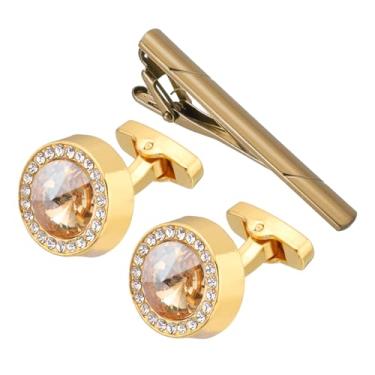 Imagem de PATIKIL Conjunto de abotoaduras de cristal e prendedor de gravata, abotoaduras masculinas de strass redondo e clipes de gravata com caixa para homens, Tom dourado (ouro rosa), tamanho �nico