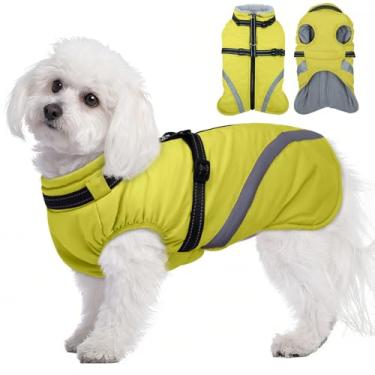 Imagem de BRKURLEG Jaquetas de inverno para cães pequenos, casaco para cães com arnês embutido, roupas de neve para cães com zíper, impermeável à prova de vento, jaqueta acolchoada para animais de estimação