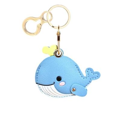 Imagem de Capa de couro compatível com AirTag, linda capa protetora com chaveiro, rastreador GPS antiarranhões para chaves, bolsa, animais de estimação (azul baleia)