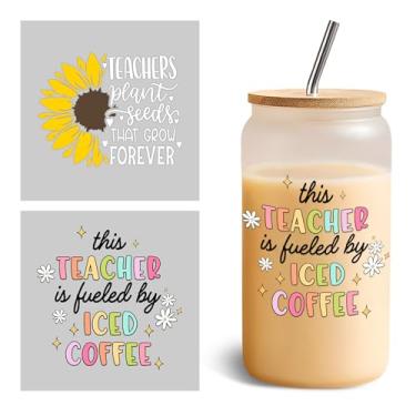 Imagem de VIANGOZA Conjunto de 2 peças de sementes de plantas de professores girassol UV DTF envoltórios de copo para flores de vidro de 473 ml, adesivos de transferência a frio, decalques de agradecimento do