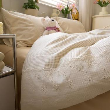 Imagem de Capa de edredom Twin GG com 3 peças de capa de edredom de renda romântica vintage xadrez xadrez com 2 fronhas de microfibra macia bege cinza quadriculado jogo de cama xadrez