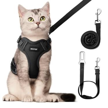 Imagem de MHHYQF Arnês de carro para gatos, conjunto de coleira e coleira, colete macio e respirável com faixa refletiva, arnês ajustável antiescape, fácil de usar para gatos caminhando e viajando, preto, M