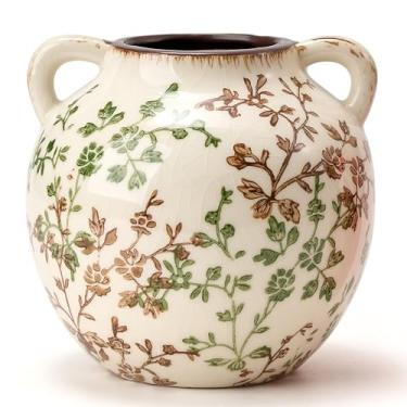 Imagem de Vaso antigo verde e bege, vaso floral vintage chinoiserie de 14 cm, vaso de cerâmica rústica para decoração de casa, sala de estar, estante de livros, escritório, entrada, jardim, decoração chinesa