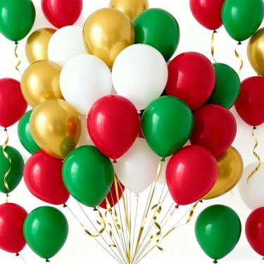 Imagem de JKGOO 80 balões de Natal de 25 cm, balões de látex vermelhos e verdes, utilizáveis para kit de arco de balão de Natal, vermelho dourado verde branco, decorações de festa de Natal