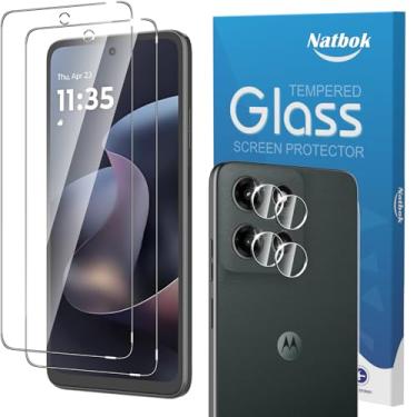 Imagem de Natbok Pacote com 2 + 2 protetores de tela para Moto G 2026 com protetor de lente de câmera, com moldura de alinhamento, filme de vidro temperado 9H, HD transparente resistente a arranhões, sem bolhas