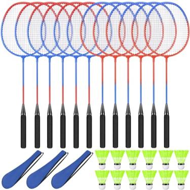 Imagem de Chitidr Pacote com 12 raquetes de badminton, incluindo raquetes, petecas de nylon e bolsa de transporte para iniciantes em jogos de quintal ao ar livre (vermelho-azul)