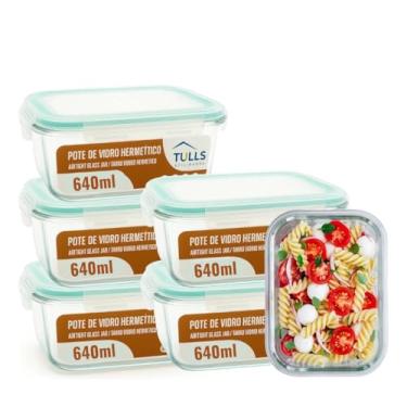 Imagem de Conjunto de 5 Potes de Vidro com Tampa Hermética, Marmita Retangular com Trava, 640ml, para Armazenamento de Alimentos