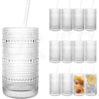 Imagem de Conjunto de copos Hobnail de 15 peças – Copos vintage de 480 ml com canudos, copos altos grossos em relevo para água, café gelado, suco, coquetéis, cozinha ou bar