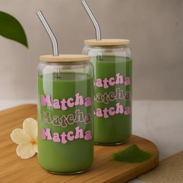 Imagem de LemonRoad Conjunto de 2 copos de vidro Matcha de 473 ml com canudo reutilizável e tampa de bambu, lindo copo rosa choque com escova de limpeza, copo transparente em forma de lata para suprimentos de