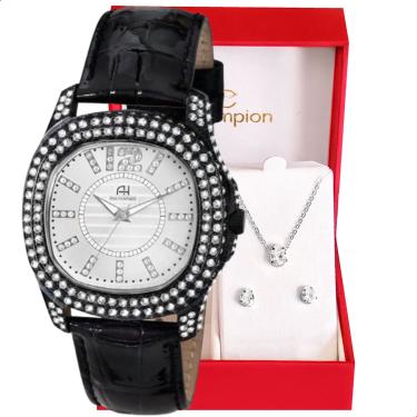 Imagem de Relógio Champion Ana Hickmann Analógico Couro Preto Cristais AH28213Q Kit Colar e Brincos