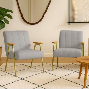 Imagem de Poltrona Sala Decorativa Industrial Dourado Kit 2 Laurita Linho Cinza K01 - D'Rossi