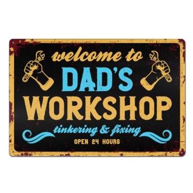 Imagem de Placa de metal vintage Welcome to Dad's Workshop para homem caverna garagem oficina galpão masculino decoração de parede para quarto, presentes para pai, 20 x 30 cm