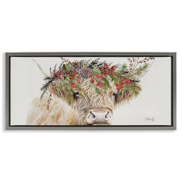 Imagem de Stupell Industries Arte de parede em tela flutuante marrom com gado com bagas sazonais, design de Marla Rae, 28 x 63 cm