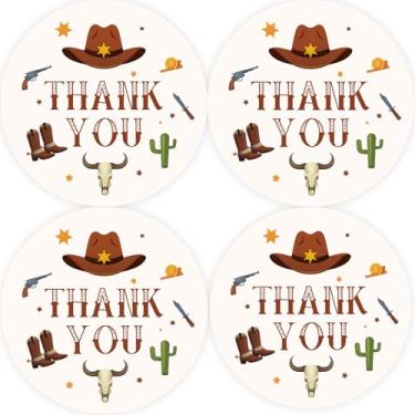 Imagem de 40 adesivos de agradecimento de caubói, adesivos redondos de caubói ocidental, etiquetas redondas Howdy Western para aniversário com tema de caubói/lembrancinhas de festa reveladas de gênero