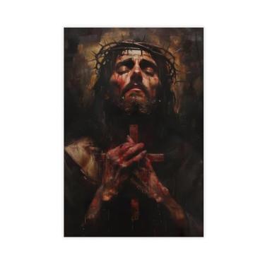 Imagem de 9W Pôster de arte Jesus Cristo com coroa de espinhos, arte de parede cristã religiosa, impressão católica, decoração de arte espiritual intensa pinturas em tela Mão de Deus