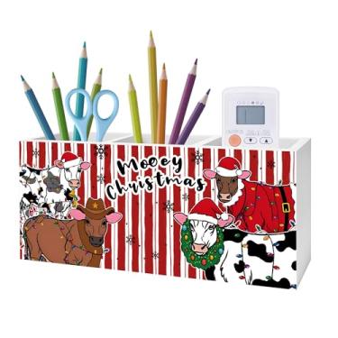 Imagem de Exqcom Porta-lápis de vaca de Natal para mesa, presentes para amantes de vacas, placa de bloco de madeira de gado natalino listrado vermelho para decoração de mesa de escritório em casa, escritório