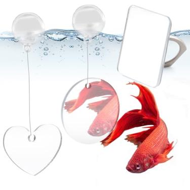 Imagem de 3 peças de espelho decorativo para aquário de peixes, espelho flutuante para exercícios Betta com bola flutuante, brinquedos para aquário ou outros peixes, brinquedos de fitness Betta para decoração