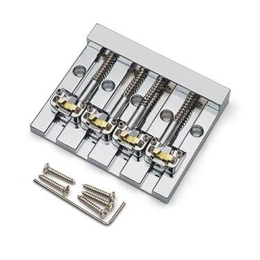 Imagem de SAPHUE Ponte para baixo vintage de 4 cordas 82 x 68,3 mm com espaçamento de corda de sela de latão 18,6 mm, ponte fixa para para-lama de 5 parafusos, cromada