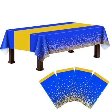 Imagem de 4 pacotes de toalha de mesa retangular de plástico azul e dourado, 137 x 272 cm, toalha de mesa descartável, capa de plástico retangular para formatura, aniversário, Natal, chá de bebê, decorações de