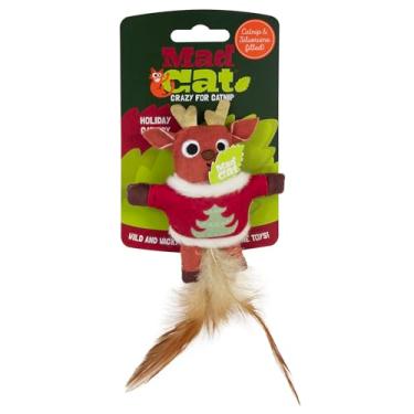 Imagem de Mad Cat Suéter feio de brinquedo de gato de rena | Brinquedo de erva-dos-gatos de pelúcia e Silvervine | Design festivo macio com som enrugado | Brincadeira interativa em ambientes internos para gatos