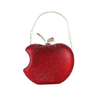 Imagem de Bolsa clutch feminina em forma de maçã com strass vermelho, bolsa transversal com corrente destacável, elegante bolsa de festa para formatura, casamento, jantar