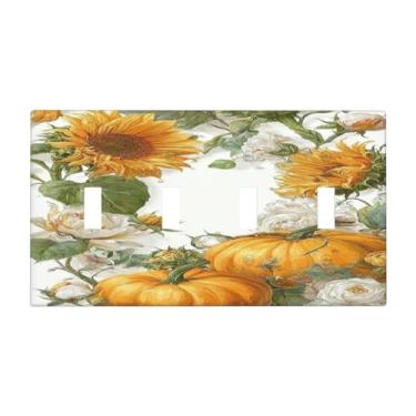 Imagem de Nadoabtm Placa de cobertura para interruptor de luz, girassóis, abóboras e rosas brancas, 4 gangues quadriciclos, interruptores decorativos, capa de tomada elétrica, placa de parede para quarto